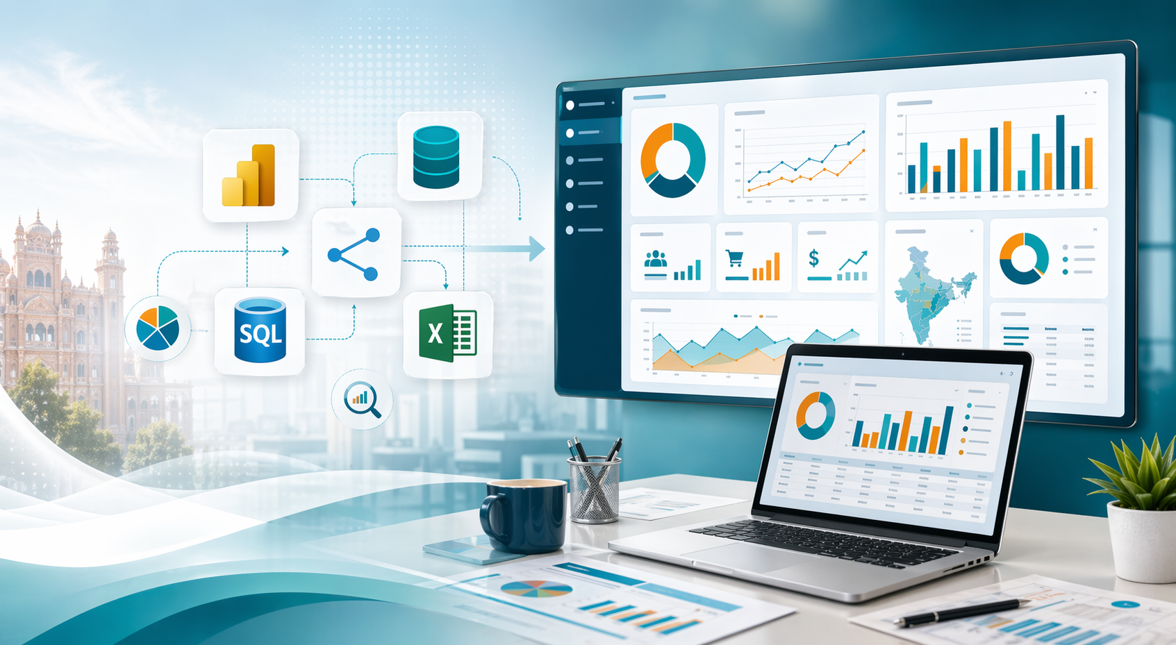 Infographic-style visual for business intelligence, reporting and dashboard learning