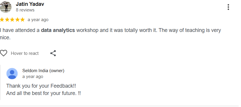 Google review by Jatin Yadav for Data Analytics workshop